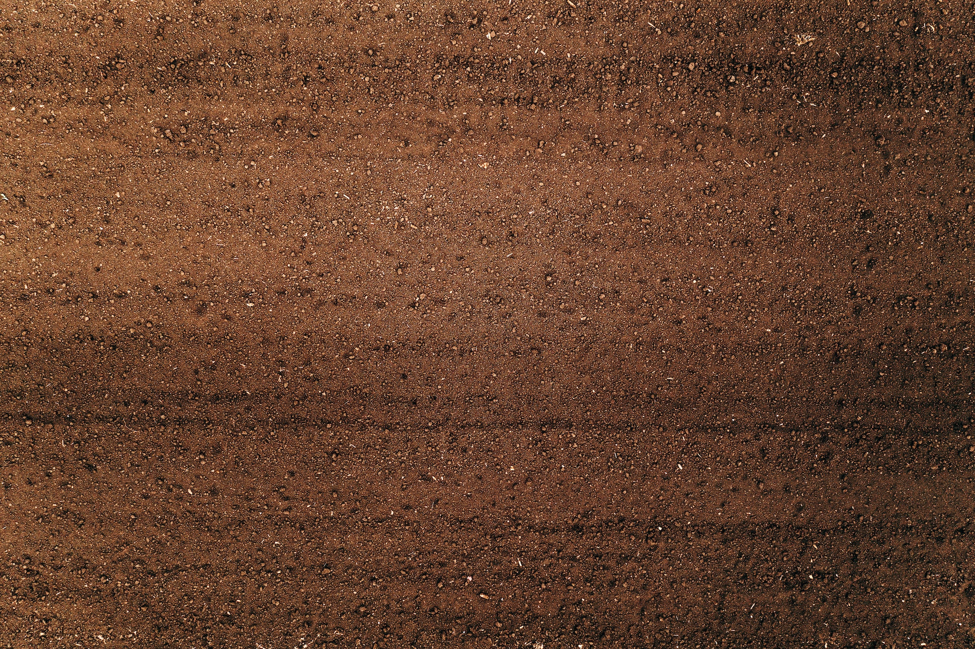 Top view of ploughed tilled agricultural field as farming background, drone photography